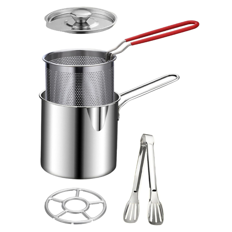 ๐ Personal Mini Deep Fryer Set โ Stainless Steel Pot with Lift-Out Draining Basket & Food Tongs