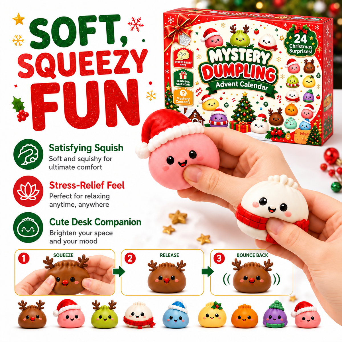 🎄 24 Days of Christmas Surprises! 🎁 Cute Dumpling Squishy Advent Calendar – The Perfect Holiday Gift for Kids!